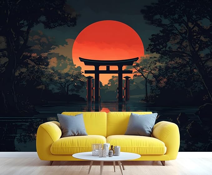 Japanese Style Mural Wallpaper, Japanese Torii Gate Murals, Red Sun Forest Murals Wallpaper for Living Room Bedroom Tv Background Wall Home Decor Mural (Not Peel Stick)