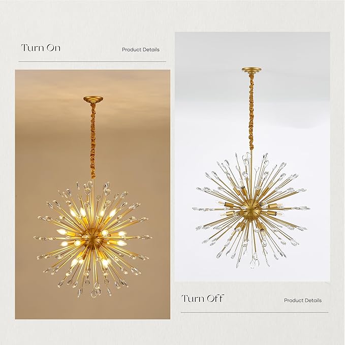 16-Light Gold Sputnik Chandeliers, 31" Starburst Firework Pendant Light fixtures, Mid-Century Modern Satellite Ceiling Lights for Dining Room, Kitchen, Bedroom, Living Room, E12