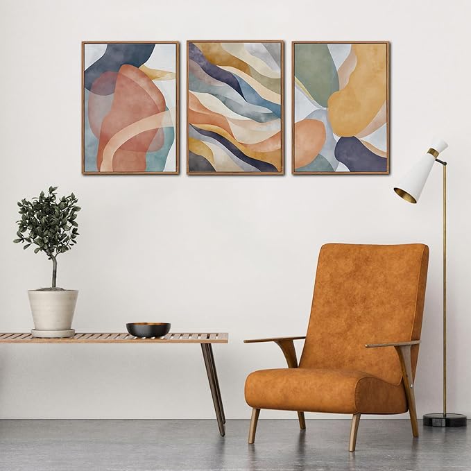 LHIUEM Large Abstract Neutral Framed Canvas Wall Art Set of 3(12”X16”)Colorful Watercolor Block Wall Art Colorful Office Decor Boho Geometric Illustrations Artwork for Living Room Bedroom Dining Room