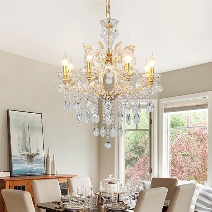 Luxury Maria Theresa Chandelier Light Fixture Modern Gold 8-Light Crystal Chandelier for Bedroom, Dining Room, Living Room, W23.6*H22 with Adjustable Chain