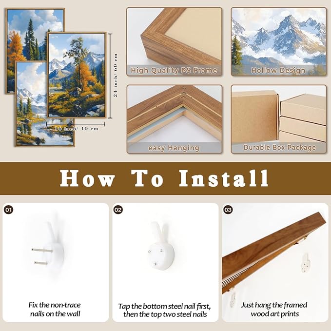 BINCUE Framed Mountain Landscape Wall Art Nature Forest Wall Decor Tree and River Art Print for Living Room Bedroom Office 16x24 Inches Set of 3