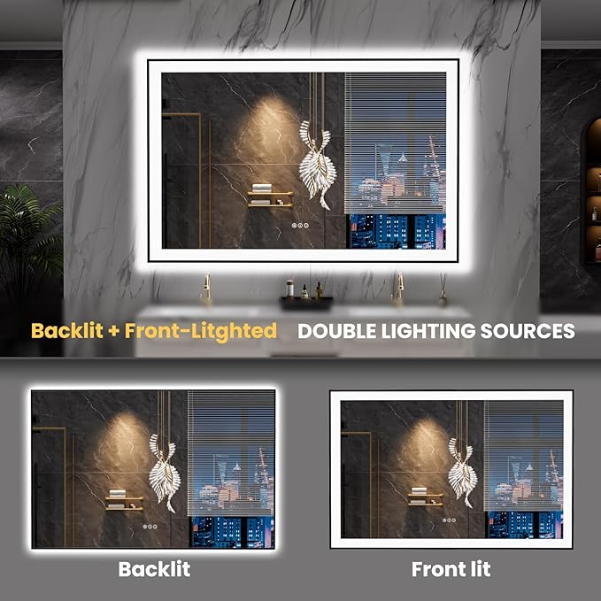 LOAAO 55"X36" LED Bathroom Mirror Black Framed, Anti-Fog, Dimmable, Lighted Bathroom Vanity Mirror for Wall, Memory Function, Tempered Glass