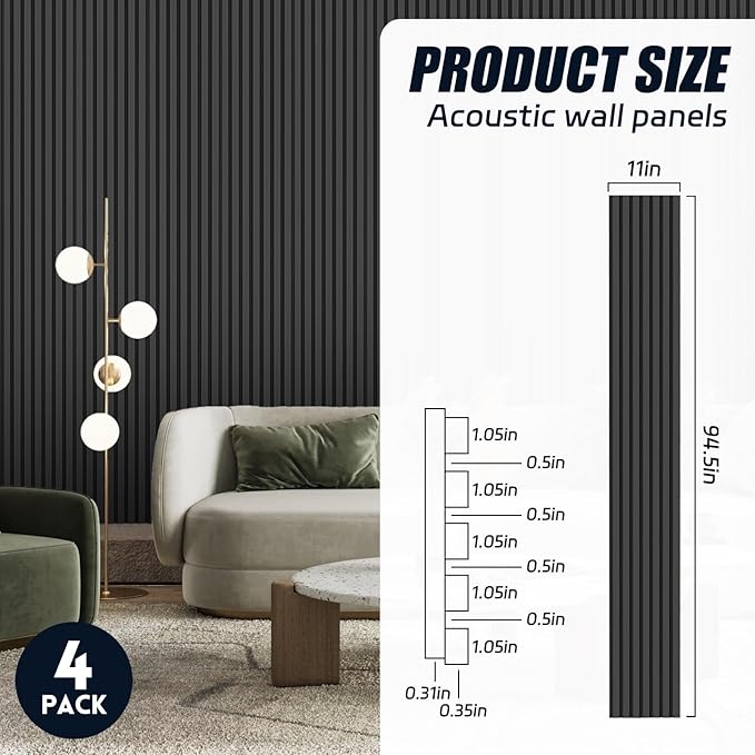 4 Pack 94.5" × 11" Wood Panels for Wall, Acoustic Soundproof Wall Slat Panels, 3D Wall Panels for Home Office Decoration, Matte Black