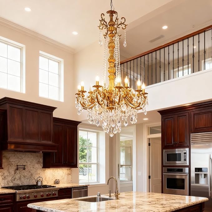 Antique Crystal Chandelier, 15-Lights Gold Bronze Candle Pendant Ceiling Light Fixture with K9 Crystals for Hotel, Living Room, Bedroom, Kitchen Island, Hallway, Dia 32"