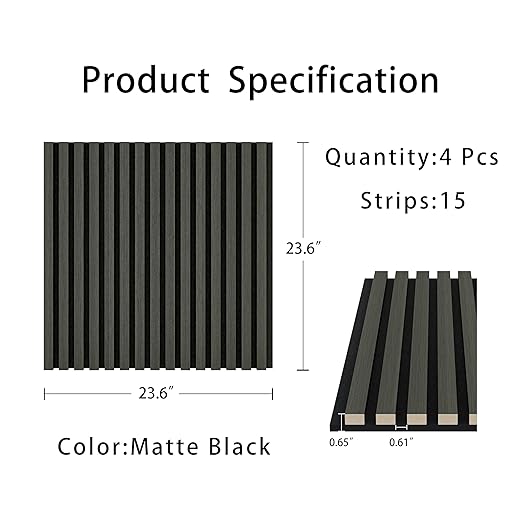 Casaphoria Acoustic Wall Panels, 4 PCS 23.6"x23.6", 3D Soundproof Wall Panels, Wood Slat Wall Panels for Home Office & Accent Walls, Black