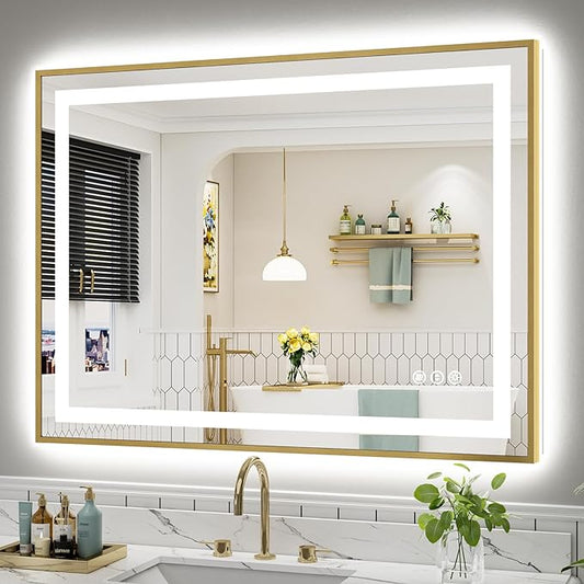 48x36 Inch LED Bathroom Mirror with Gold Frame, Backlit & Front Lit, Anti-Fog Lighted Bathroom Vanity Mirror for Wall, Memory Function, Dimmable, HD Tempered Glass, Shatter-Proof