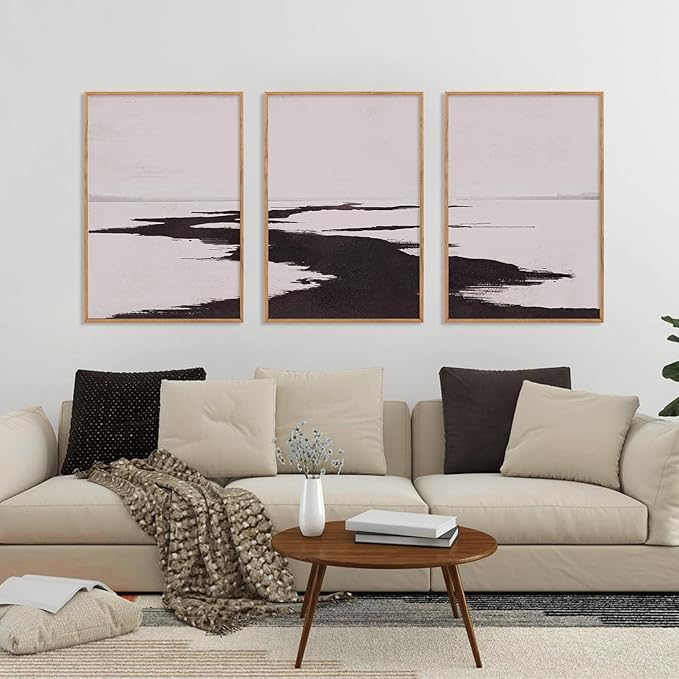 KAIRNE Abstract Neutral lake Framed Wall Art Set, Neutral Shape Wall Painting, Abstract Black and Grey Landscape Wall Decor, Modern Watercolor Art Print for Living Room, Bedroom, Office - 16"x24"x3