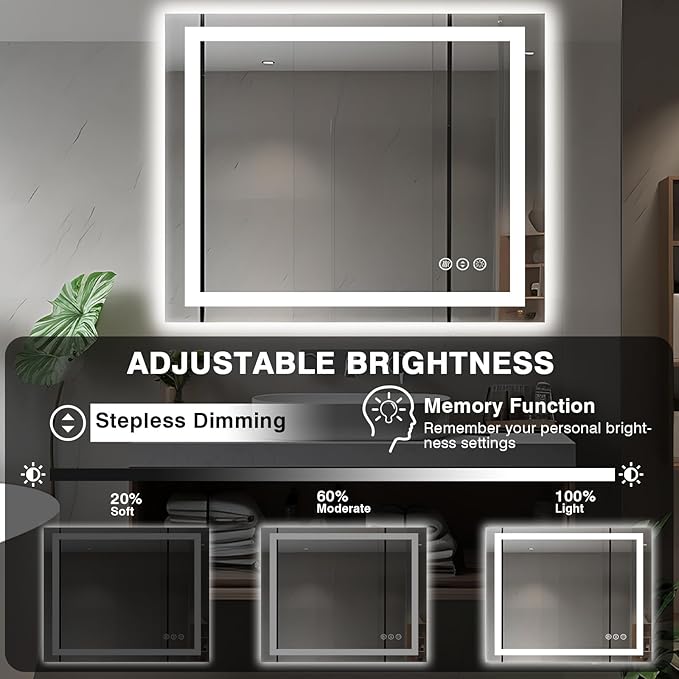 40"x36" LED Bathroom Vanity Mirrors with Front Light and Backlit, Anti-Fog Vanity Mirror with Lights, Stepless Dimmable Lighted Mirror, 3 Colors Smart Mirror (Horizontal/Vertical)
