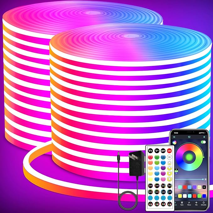 LED neon Lights Strip 132FT,DC 24V RGB LED neon Light Strip APP Remote Controls Control Waterproof Flexible Neon LED Rope Lights for Bedroom,Playroom,Outdoors Decor（2 Rolls of 66ft）