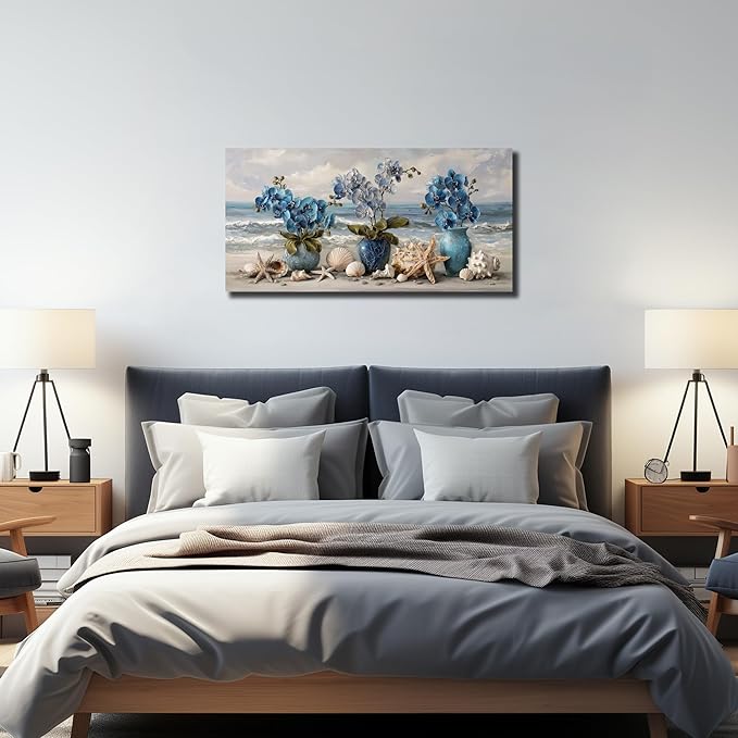 Blue Wall Art Beach Ocean Wall Decor Flower Canvas Art Coastal Seascape Pictures Floral Vase Poster Starfish Conch Shell Print Art for Bedroom Bathroom Living Room Office 20"x 40"
