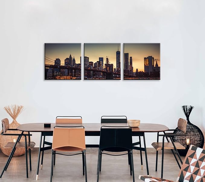 NAN Wind 3PCS Modern Urban Skyline Wall Art NYC-Inspired Twilight Cityscape Framed Canvas Prints Art Contemporary Manhattan Bridge Golden Sunset Skyscraper Canvas Pictures for Home Office Decor