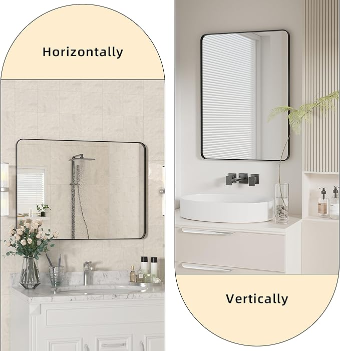 Kosmonia 30x22 Bathroom Vanity Mirror for Wall, Aluminum Framed, Farmhouse Rectangle, Anti-Rust, HD Reflection Anti-Desilvering, Distortion Free, Tempered and Shatter-Proof Wall Mounted Mirror, Black