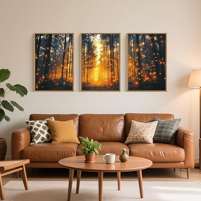 Large Magical Firefly Forest Framed Canvas Wall Art,Enchanted Night Nature Wall Decor,Moody Twinkling Firefly Artwork,Mystical Woodland Art Print for Living Room, Bedroom, Office- 24"x36"x3