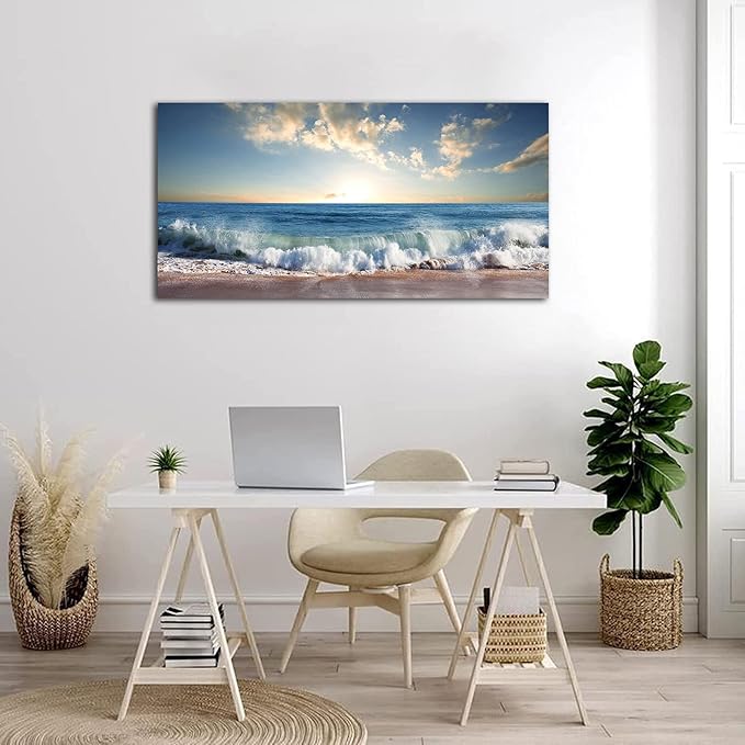 Ocean Wave Canvas Wall Art Beach Sunset Pictures Coastal Nature Artwork Blue Sea Painting Prints for Living Room Bedroom Home Office Decoration 20" x 40"
