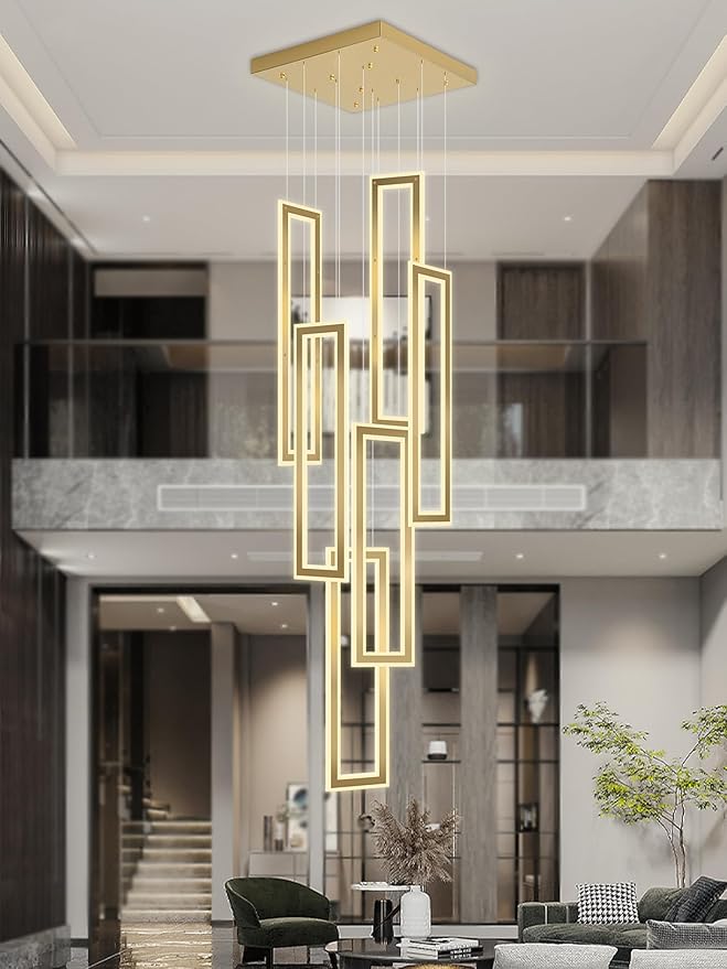 Modern Chandelier,6 Ring Led Foyer Chandeliers,Larger High Ceiling Chandelier for Living Room,Gold Rectangle Chandelier for Entryway Staircase LED Dimming 2700k-6000k