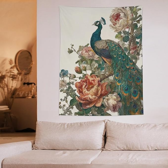 UUKXKUU Peacock Oriental Retro Blooming Flowers Tree Tapestry Wall Decor Large Wall Art Backdrop Flag Hanging for Bedroom Living Room Dorm Office 60"×80"