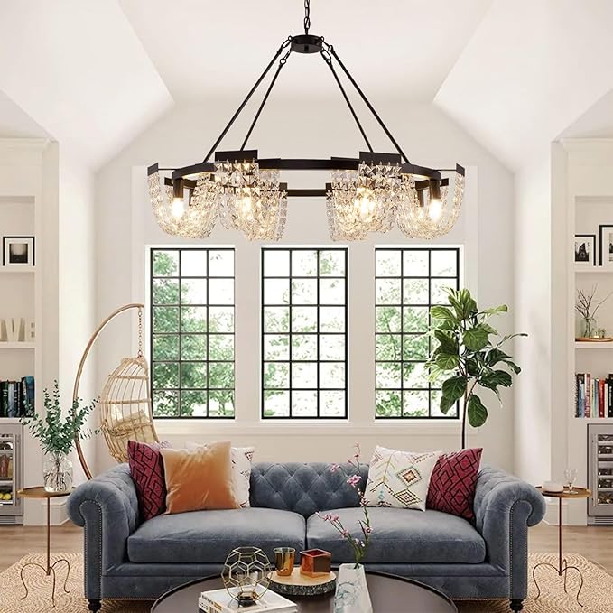 36" Black Chandelier, 6-Light Crystal Chandeliers for Dining Room, Dining Room Light Fixtures Over Table, Farmhouse Kitchen Island Lighting, Modern Pendant Lights for Living Room, Bedroom, Entryway