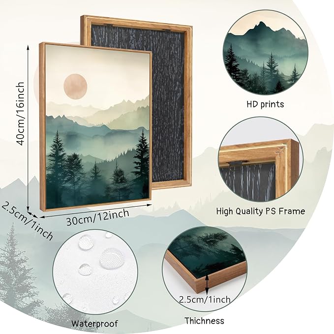 LHIUEM Boho Mountain Framed Canvas Set Forest Pine Tree Decor Mountain Cabin Framed Art Nature Sunrise Wilderness Landscape Art Painting Boho Decor Wall for Living Room Bedroom Dining Room Office