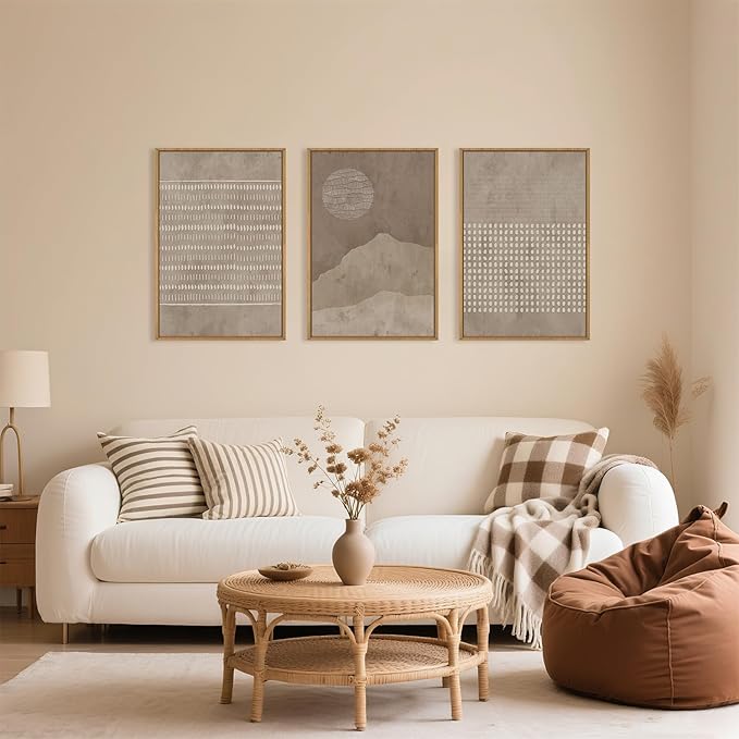 Large Mid Century Tan and Beige Framed Canvas Wall Art,Neutral Lines Dots Wall Decor,Abstract Sunset and Mountain Artwork,Boho Textured Shapes Art Print for Living Room,Bedroom,Office-16"x24"x3