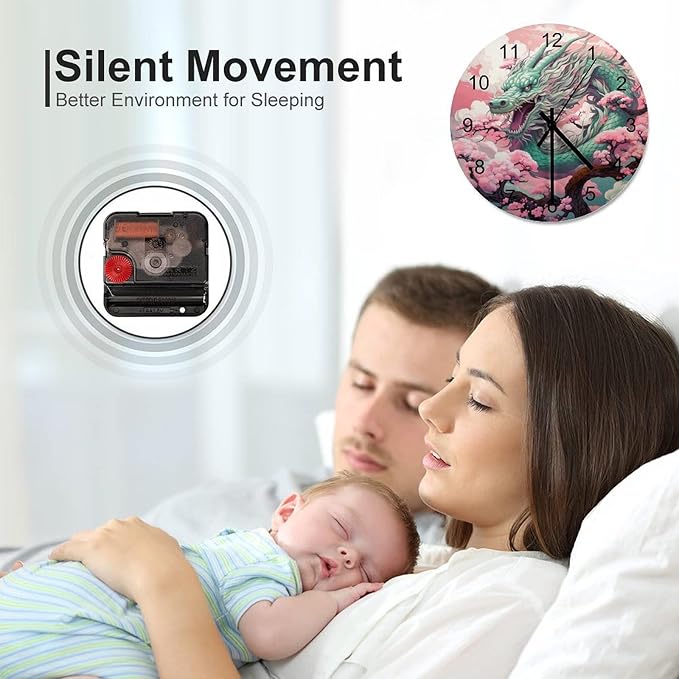Pink Dragon-Themed Round Wall Clock, Pink Background Flower Tree Girl's Personalized Oriental Dragon Decoration, Wooden Silent Wall Clock for Family Room Bedroom 12x12INCH