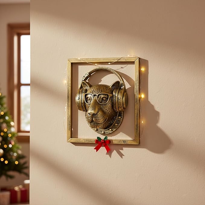 JJALIGHTS Exquisite Resin Animal Head Wall Sculpture (Gift Metal Frame) - Imitation Copper Vintage Decor for Living Room, Bedroom & Office | Decorative Wall Hanging Art (Leopard)