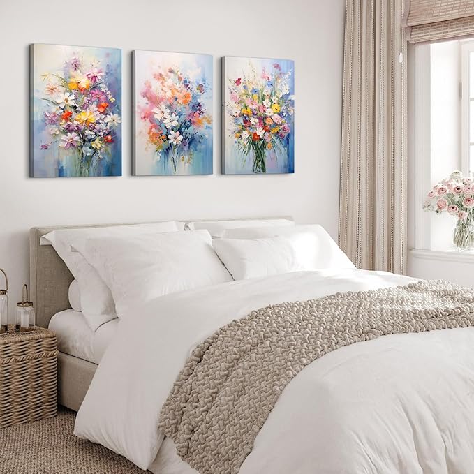 Colorful Flower Pictures Wall Decor Nature Wildflower Canvas Art for Bedroom Abstract Botanical Floral Oil Painting Prints Artwork Daisy Poppy Bouquet Poster Living Room Home Decorations 20x30” 3 Pcs