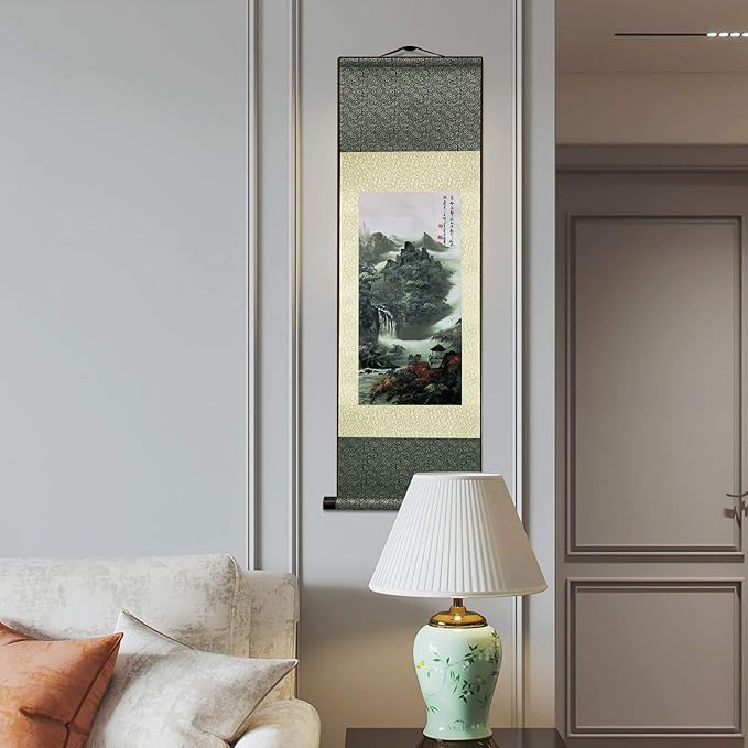 AtfArt Asian Wall Decor - Beautiful Silk Scroll Painting of Waterfall River Landscape - Mountain Spring Autumn Color Oriental Decor Chinese Art Wall Scroll Hanging (36.2 x 12 in)