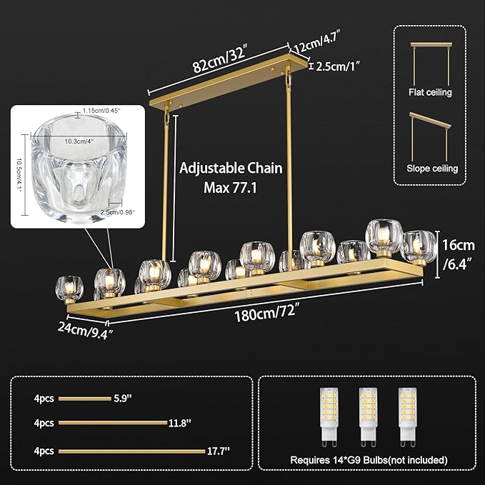 72 Inch Brass Rectangle Wagon Wheel Chandeliers, Gold Chandelier for Dining Room Over Table, Modern Crystal Long Chandelier for High Ceiling, Farmhouse Large Linear Chandeliers for Kitchen Island
