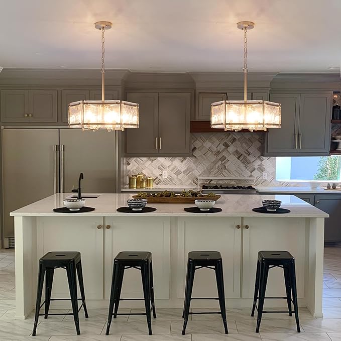 Modern Textured Glass Chandelier,18.7" Luxury Crystal Drum Brushed Nickel Chandeliers, Farmhouse Hexagon Hanging Light Fixture for Dining Room Kitchen Living Room Hallway Bedroom