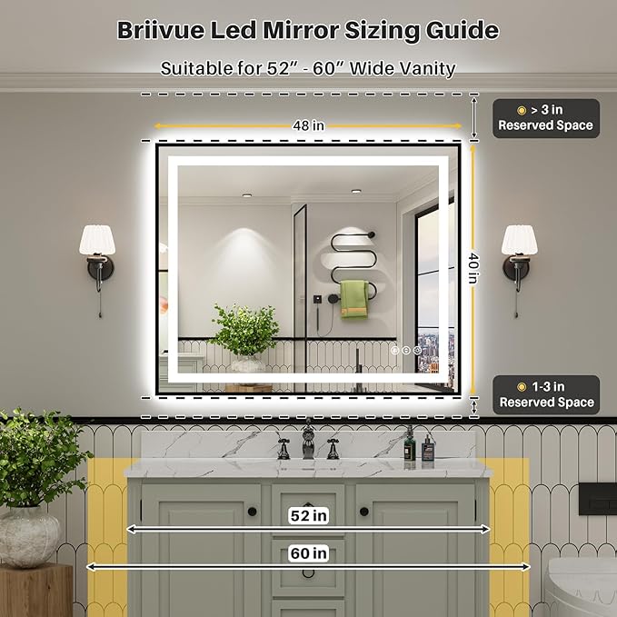 48x40 Inch LED Bathroom Mirror with Black Frame, Backlit & Front Lit, Anti-Fog Lighted Bathroom Vanity Mirror for Wall, Memory Function, Dimmable, HD Tempered Glass, Shatter-Proof