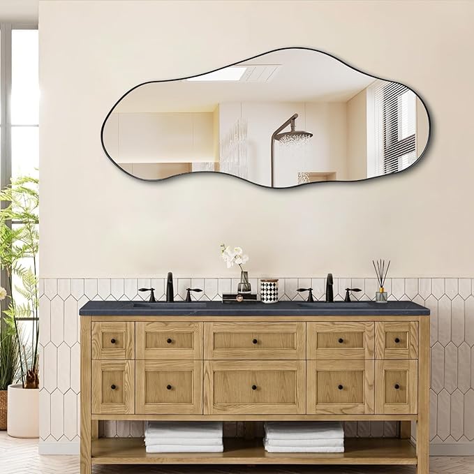 Black Irregular Mirror, 47"x20.5" Asymmetrical Mirrors, Abstract Wall Mirror Decorative, Modern Wavy Shaped Mirrors for Living Room Bathroom Bedroom Hallway Entryway Fireplace