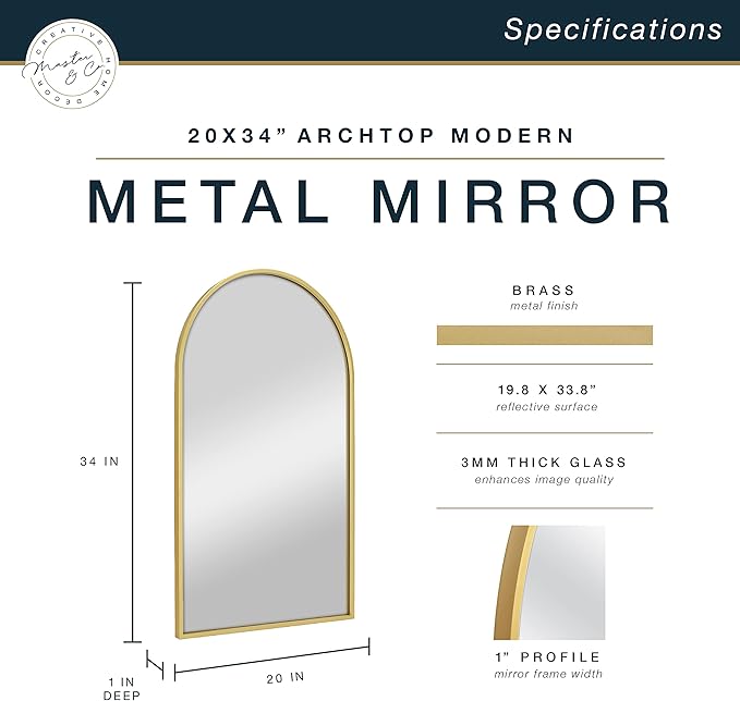 MCS Master & Co. Modern Metal Large Wall Mirror, Minimalist Home Decor Arch Mirror for Living Room, Bedroom, or Bathroom, 20 by 34 Inch, Brass