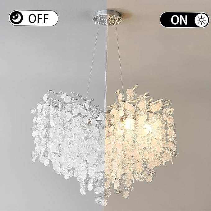24-Inch Modern Coastal Chandelier, 8-Light Capiz Shell Chandelier for Dining Room, Silver Crystal Light Fixtures for Bedroom Living Room Foyer Kitchen Island Entryway Stairwell, E12