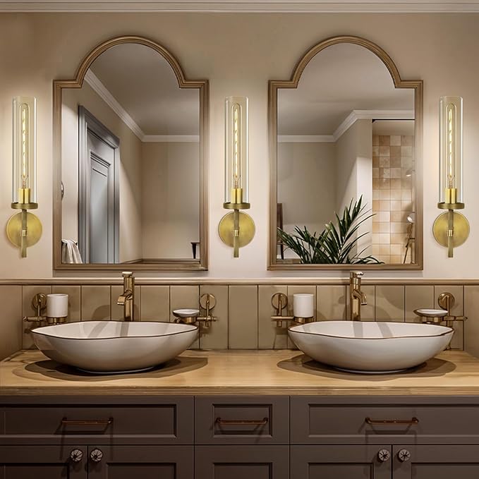 Brass Wall Sconces Set of Two, 19.48" Modern Wall Lighting with Clear Glass Tube, Bathroom Vanity Lights, Bronze Sconces Wall Lights for Bedroom, Living Room, Hallway, Staircase (Including Bulb)