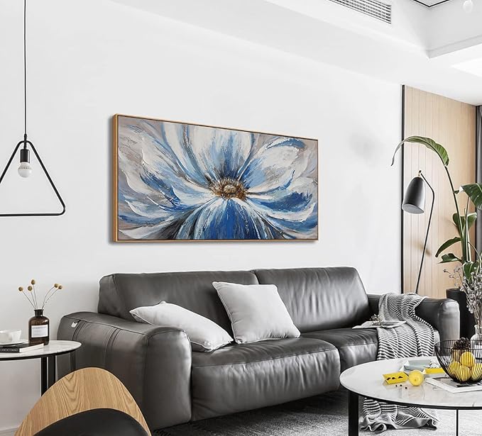 Blue Wall Art for Living Room Large White Flower Picture Wall Decor Canvas Art Wall Artwork Pictures for Bedroom Wall Decor Size 24x48(With Soild Wood Dark Framed)