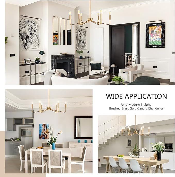 Jonsi Gold Chandelier - 26" Modern Brushed Brass Chandelier Light Fixture 6 Light Industrial Candle Lighting Hanging Ceiling for Living Dining Room, Kitchen Island