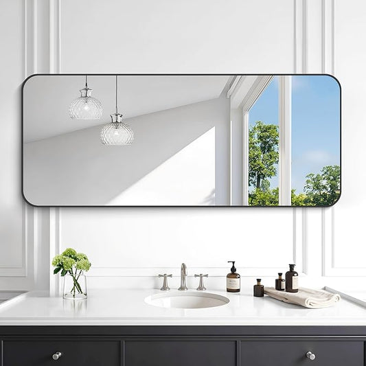 KOCUUY Black Rectangle Mirror, 20" x 48" Metal Frame Mirror with Rounded Corner, Classic Design of Upgraded Shatterproof Glass for Bathroom, Bedroom, Living Room, Entryway
