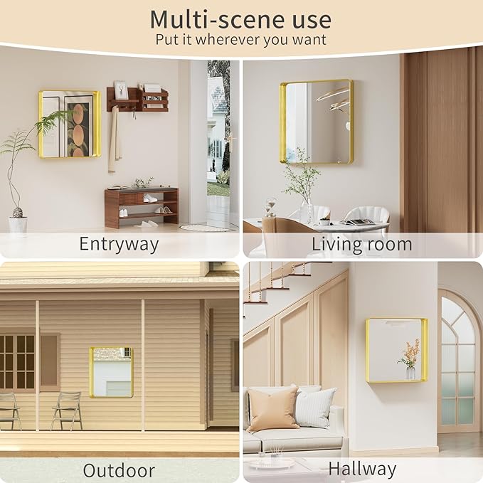 Koonmi Gold Wall Mirror for Bathroom, 30x30 Inch Matte Deep Framed Rounded Rectangle Vanity Mirror for Farmhouse Living Room, Tempered Glass, Anti-Rust, Vertically or Horizontally