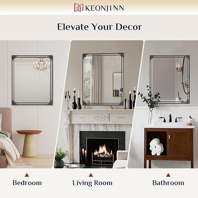 Keonjin Black Vintage Mirror 24 x 36 Inch, Antique Mirrors Rectangle, Traditional Mantel Decoration, Baroque Style Wall Decor for Hallway, Fireplace, Entryway, Living Room, Anti-Rust, Waterproof