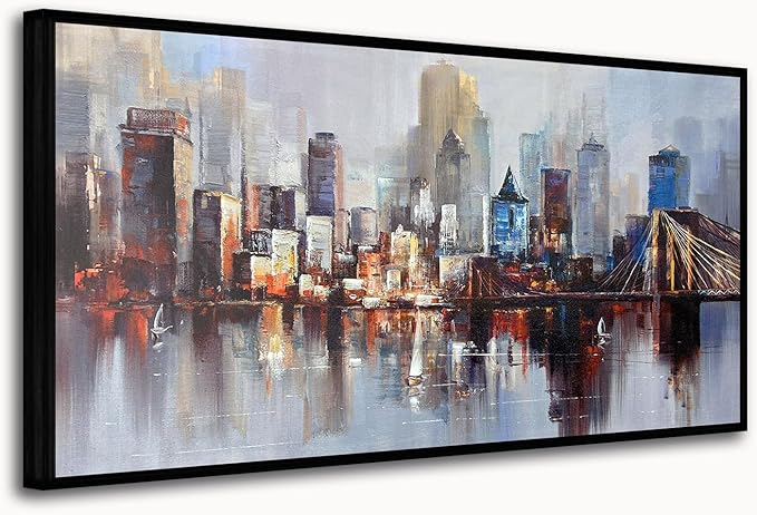 Arjun Brooklyn Bridge Wall Art Modern New York Abstract Canvas Cityscape Painting NYC Skyline Textured Picture for Living Room Bedroom Home Office Wall Decor Extra Large Size Black Wood Framed 58"x29"