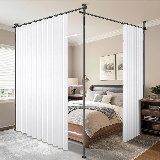 AJAZZ Privacy Curtains for Room Divider with Blackout & Soundproof (2 Panels, White, W100 x L84 in)+ No Drill Curtain Rod(H) 43-120×(W) 35-200 in, Wall Divider for Bedroom/Studio/Office Curtain