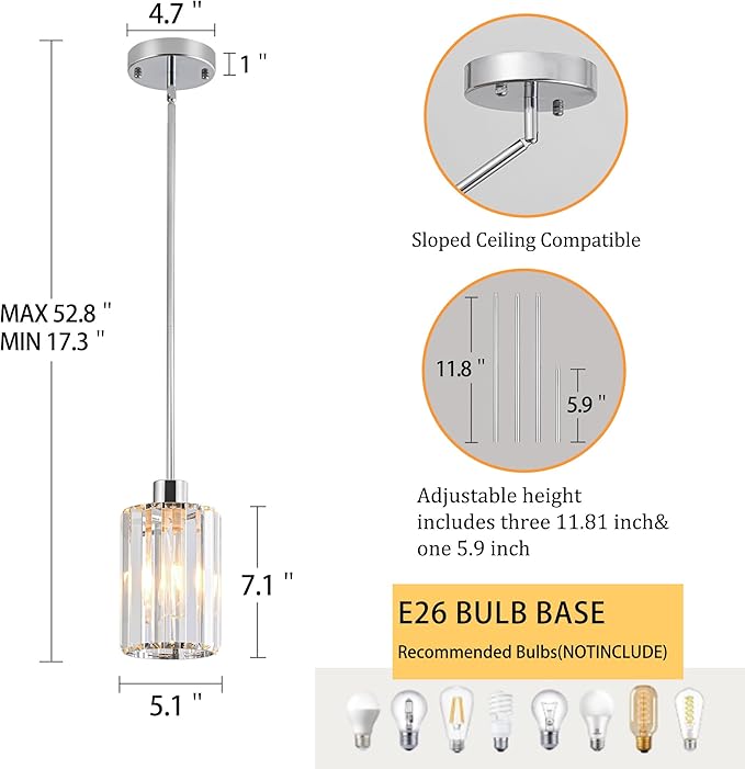 Modern Mini Crystal Pendant Lights Chandeliers Adjustable Sloped LED Hanging Ceiling Fixture Glass small Crystals for Kitchen Island Bathroom Living Room, Dining Room, Hallway, Bar 1PC (Chrome)