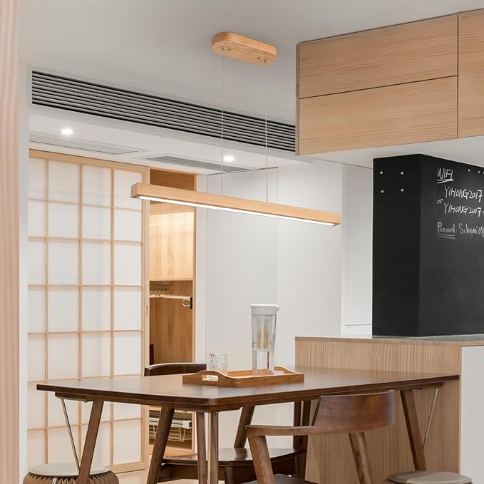 39" Wood Linear Pendant Light Fixture Modern LED Pendant Lights Led Dimmable Chandelier with Remote Control Ceiling Hanging Lights Pool Table Lights for Dining Room Kitchen Island Lights Natural