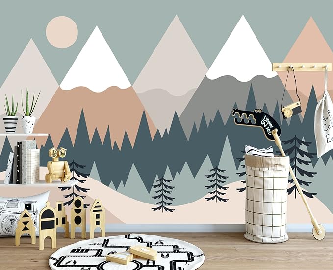 Children's Cartoon Mountain Peak Forest Sun Nursery Wall Mural Wallpaper 137" x 100"