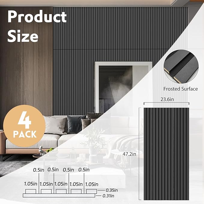 4 Pack Wood Panels for Wall, 47.2"×23.6" Wood Slat Acoustic Panels for Wall, Soundproof Panels, 3D Fluted Panels for Interior Decor (Black)