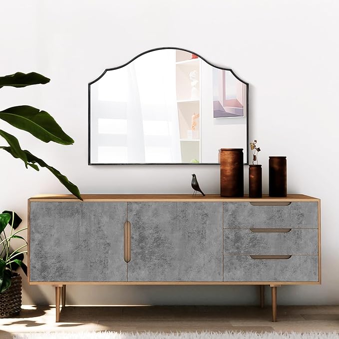 Black Scalloped Arched Mirror: 32"x24" Modern Wall Mirror - Minimalist Mantel Mirrors for Vanity/Bedroom/Entryway/Bathroom/Hallway - Home Decor for Small Apartment