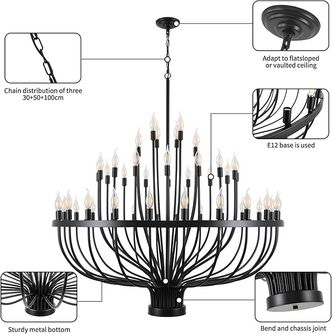 Large Black Chandelier 48 Light for High Ceilings, Big Farmhouse Wagon Wheel Chandelier for Dining Room 3-Tier 47.2 in for Hallway, Living Room, Foyer