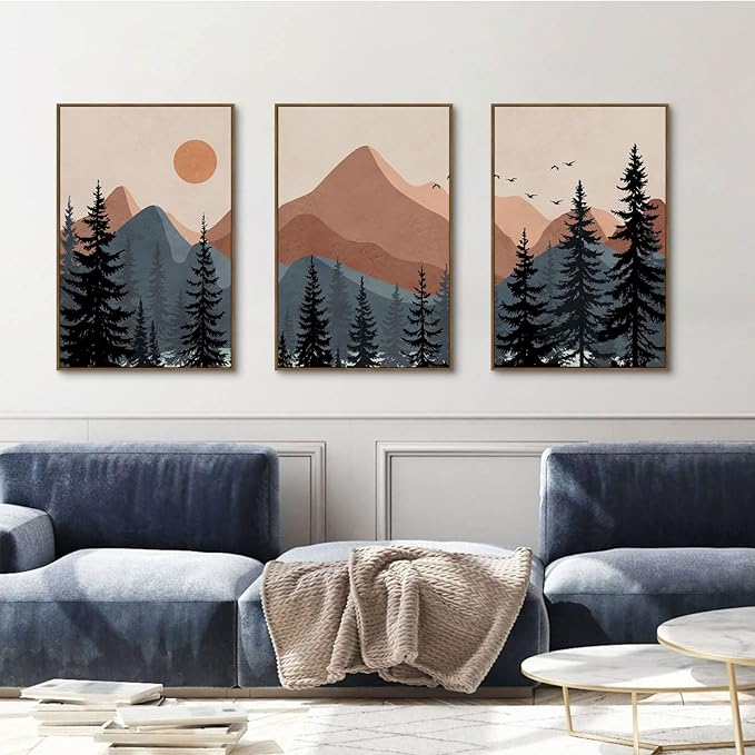 Large Boho Mountain Wall Art Framed Canvas Mid Century Nature Landscape Sunrise Theme Abstract Black Pines Tree Forest Wall Decor for Living Room, Bedroom, Office - 24x36 Inch, 3 Panels