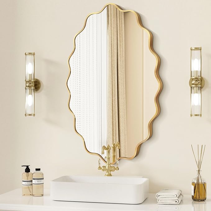 Oval Wavy Mirror - Irregular Wall Mirror 24"x36" Gold Asymmetrical Aviation Aluminum Alloy Frame for Bathroom, Bedroom, Living Room, Cloakroom, Entryway