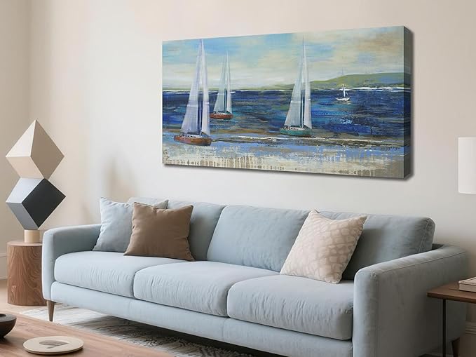 Ardemy Blue Abstract Canvas Wall Art for Living Room Sailboat Extra Large Wall Decor Painting Picture Bedroom Textured Nautical Navy Blue Seascape Artwork Art for Home Office,58"x29"